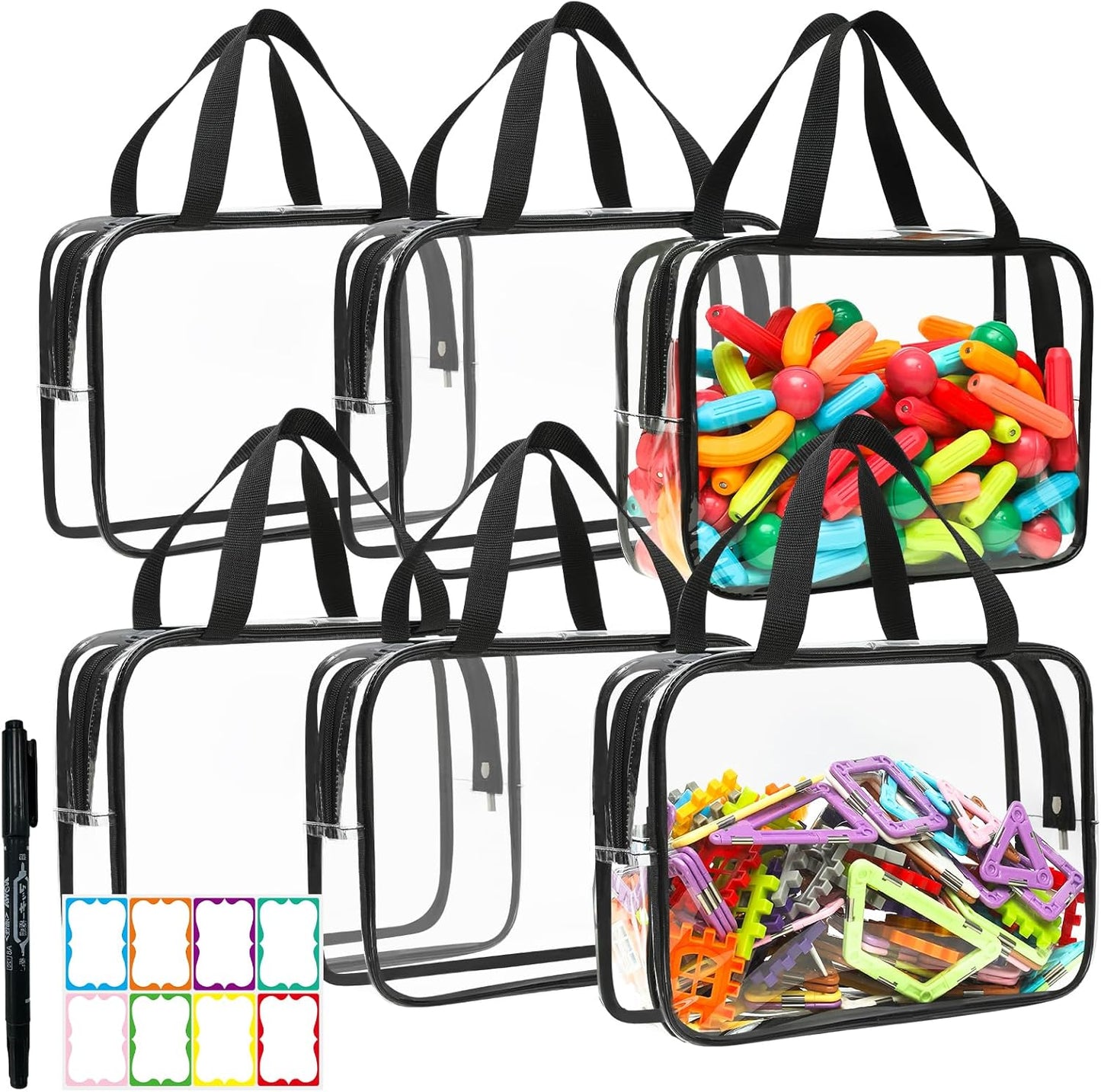Toy Storage Bags - 6 Packs Toy Storage Organizer with Labels & Pen for Kids, Reusable Clear PVC Board Game Storage with Zipper, Waterproof Travel Bags for Building Blocks, Puzzles, Magnatiles (Black)