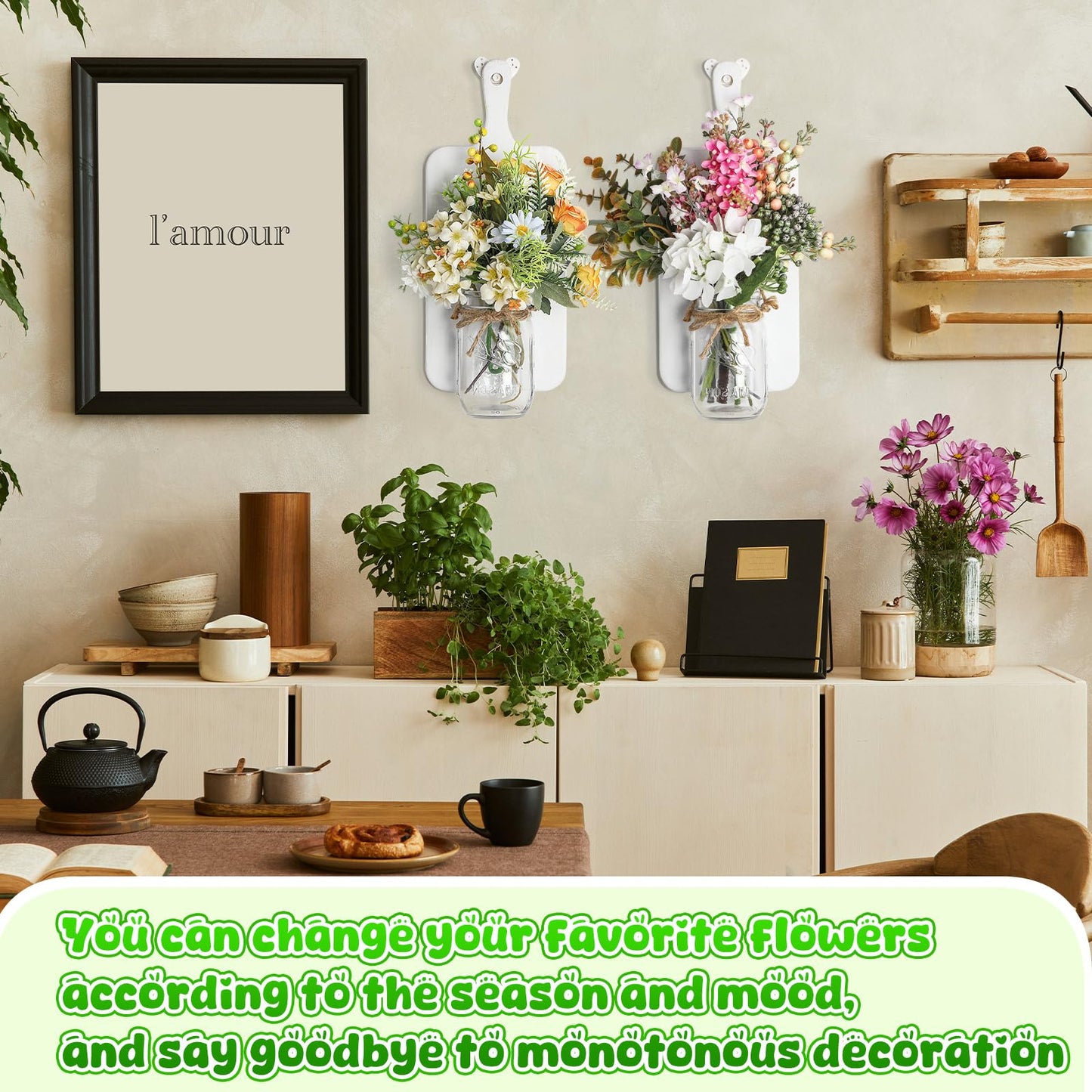 Mimorou 2pack Mason Jar Sconce Wall Decor Rustic Wall Sconces Glass Jar Handmade Hanging Sconce Wall Decor Wood Board with Mason Jars for Living Room Dining Room Bedroom Kitchen Farmhouse Home Decor