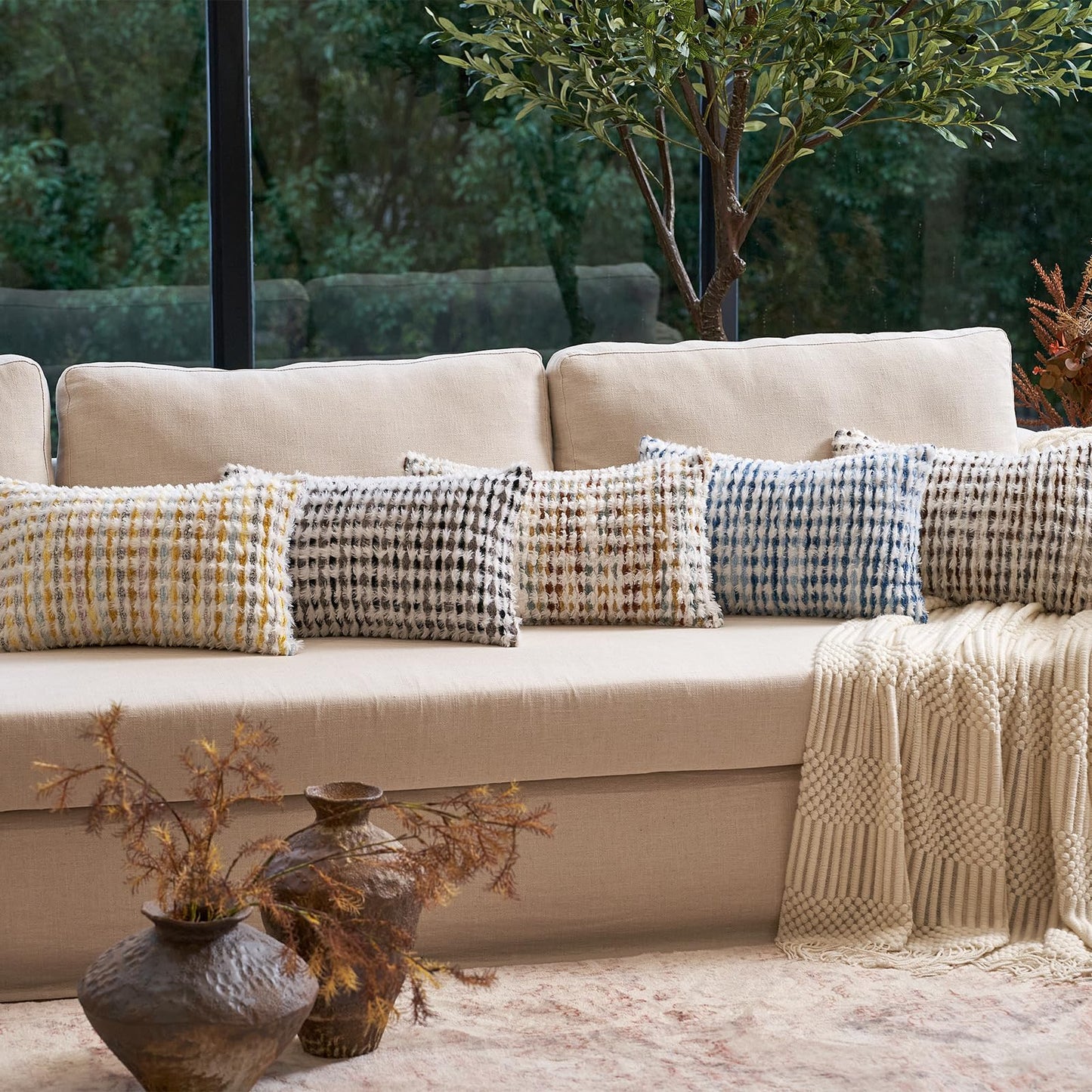 Aeckself Boho Chenille Tufted Pillow Cover 12x20 Inch, Rectangle Decorative Lumbar Throw Pillow Cover Neutral Pillowcase for Couch Bedroom Living Room, Black Gray