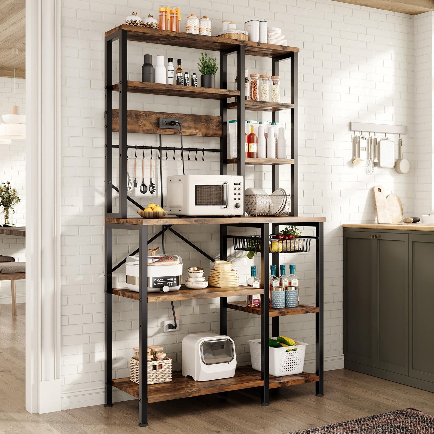 GRUSIGN Kitchen Bakers Rack with Storage, 6-Tier Coffee Bar Station with Power Outlet, Microwave Stand with 12 S-Shaped Hooks, Open Kitchen Storage Shelves for Spices, Pots and Pans, Rustic Brown