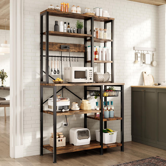 GRUSIGN Kitchen Bakers Rack with Storage, 6-Tier Coffee Bar Station with Power Outlet, Microwave Stand with 12 S-Shaped Hooks, Open Kitchen Storage Shelves for Spices, Pots and Pans, Rustic Brown