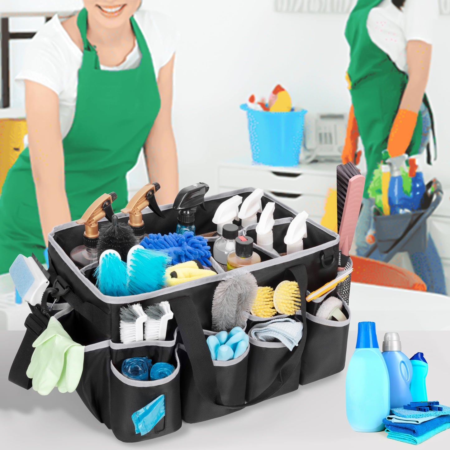 HODRANT Extra-Large Wearable Cleaning Caddy, Organizer Bag for Products, Housekeeper Tote With Pad, Handle & Divider, Car Wash Tools Bag for Detailing Supplies, Gray Edge