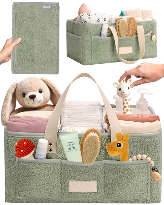 Baby Diaper Caddy Organizer with Portable Changing Mat - Teddy Fleece Diaper Organizer for Changing Table - Baby Basket for Diaper Changing Essentials - Baby Caddy Organizer with Removable Dividers