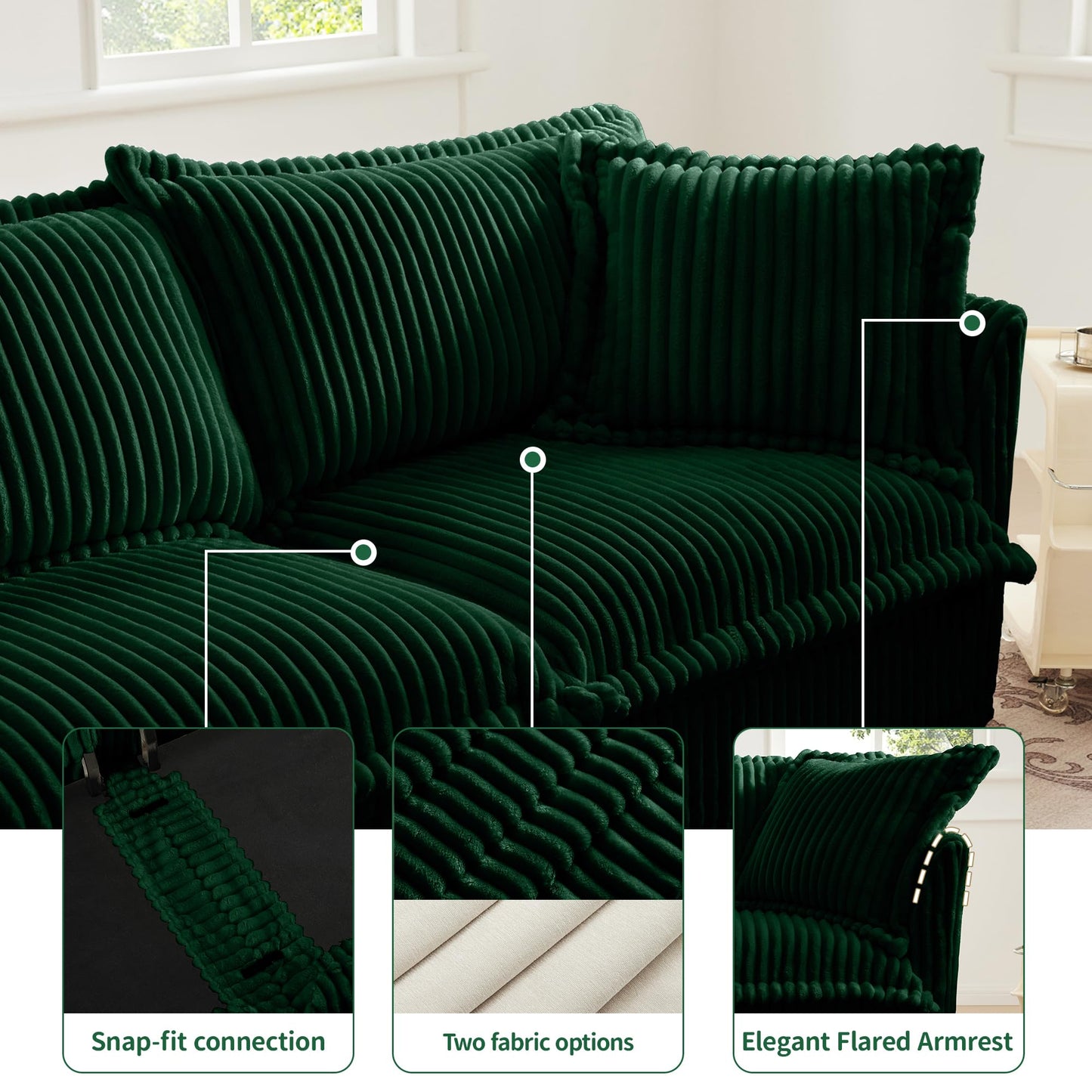 Ravy Concept 49" Slipcovered Chaise Lounge Chair, Corduroy Accent Chair with Removable Covers, 1-Seater Sofa with Movable Ottoman, Deep Seat Single Sofa Couch for Living Room (Green)