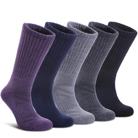LANLEO Merino Wool Hiking Socks for Women Men Thermal Winter Warm Thick Cushion Moisture Wicking Crew Work Boot Socks 5 Pairs Solid Color A,Medium