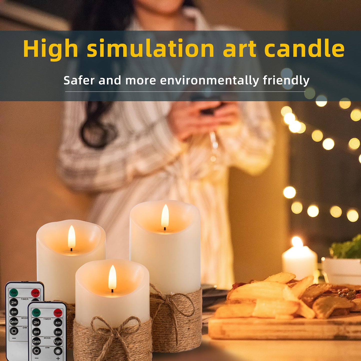 AKU TONPA Flameless Candles Battery Operated Pillar Real Wax Electric LED Candle Gift Set with Remote Control and Timer, 4" 5" 6" Pack of 3 (Ivory Wax with Hemp Rope)