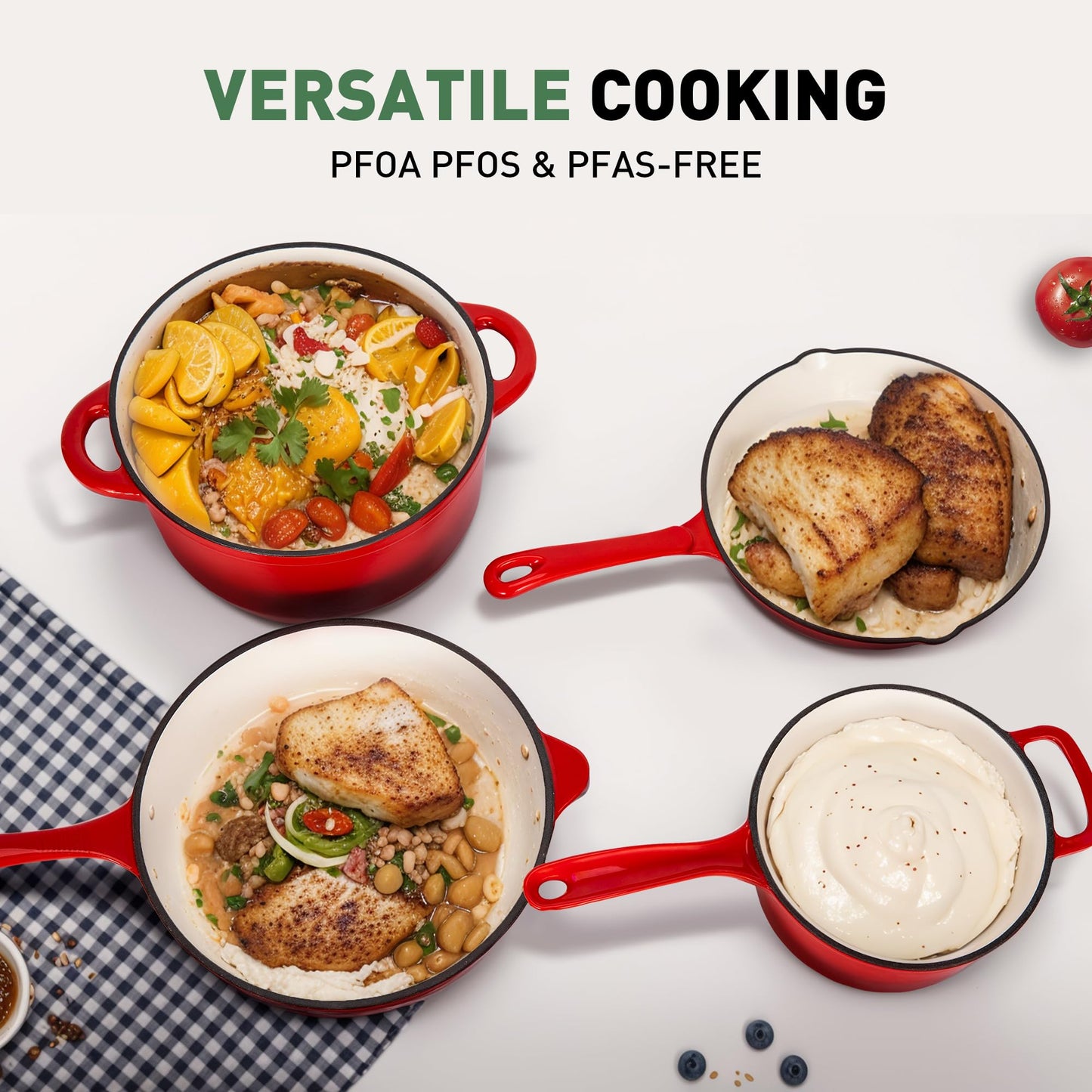 Kitchen Academy Enameled Cast Iron Cookware Set - 7 Piece Ceramic Pots and Pans Set Non Stick, Nonstick Cooking Pans Set, Induction Cookware Sets, Heavy Duty Dutch Oven Safe up to 500° F