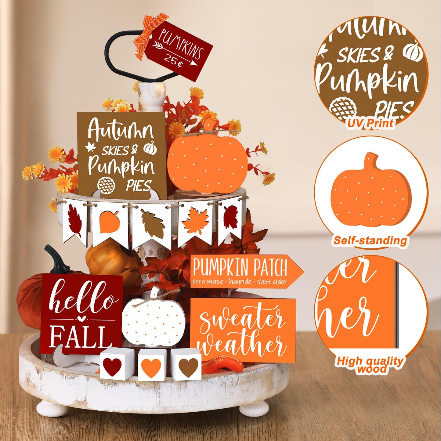 Sumind 15 Pcs Fall Tiered Tray Decor Set Fall Decorations for Home Autumn Wood Signs Thanksgiving Orange Brown Table Signs Farmhouse Wooden Maple Pumpkin Gnomes Tabletop for Festival(Autumn)