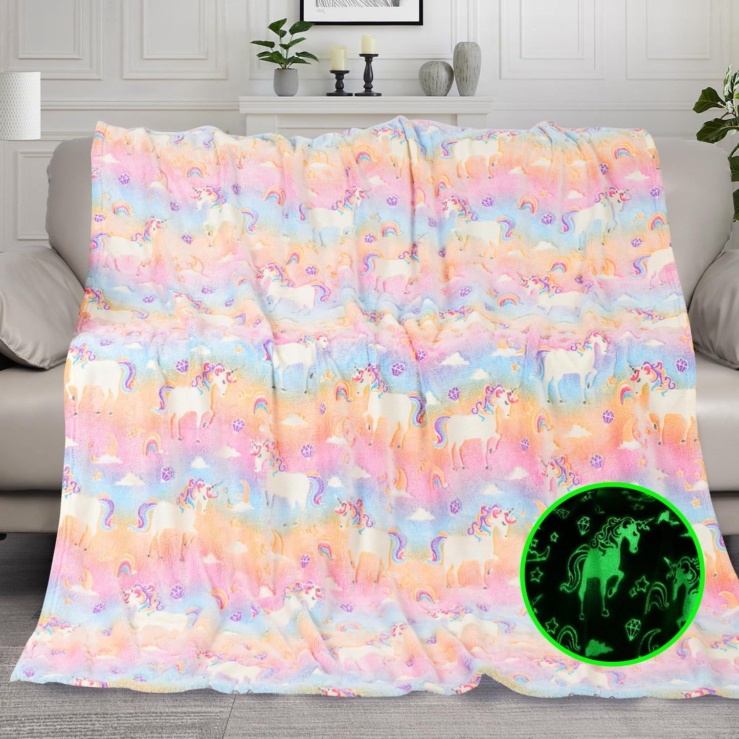 KIRMIKU Glow in The Dark Blanket Unicorns Gifts for Kids, Soft Unicorns Blanket Gift Toys for Toddler Girls Age 2-16 Birthday Christmas 50""x60"", A0003