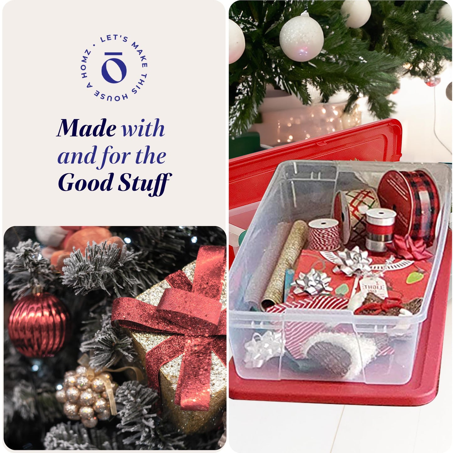 HOMZ 2-Pack Holiday Tote, Clear Plastic Storage Organizer Bins with Lids, 41 Quart, Red - Stackable Organizing Containers for Christmas Ornament Decorations, Gift Wraps, and Crafts