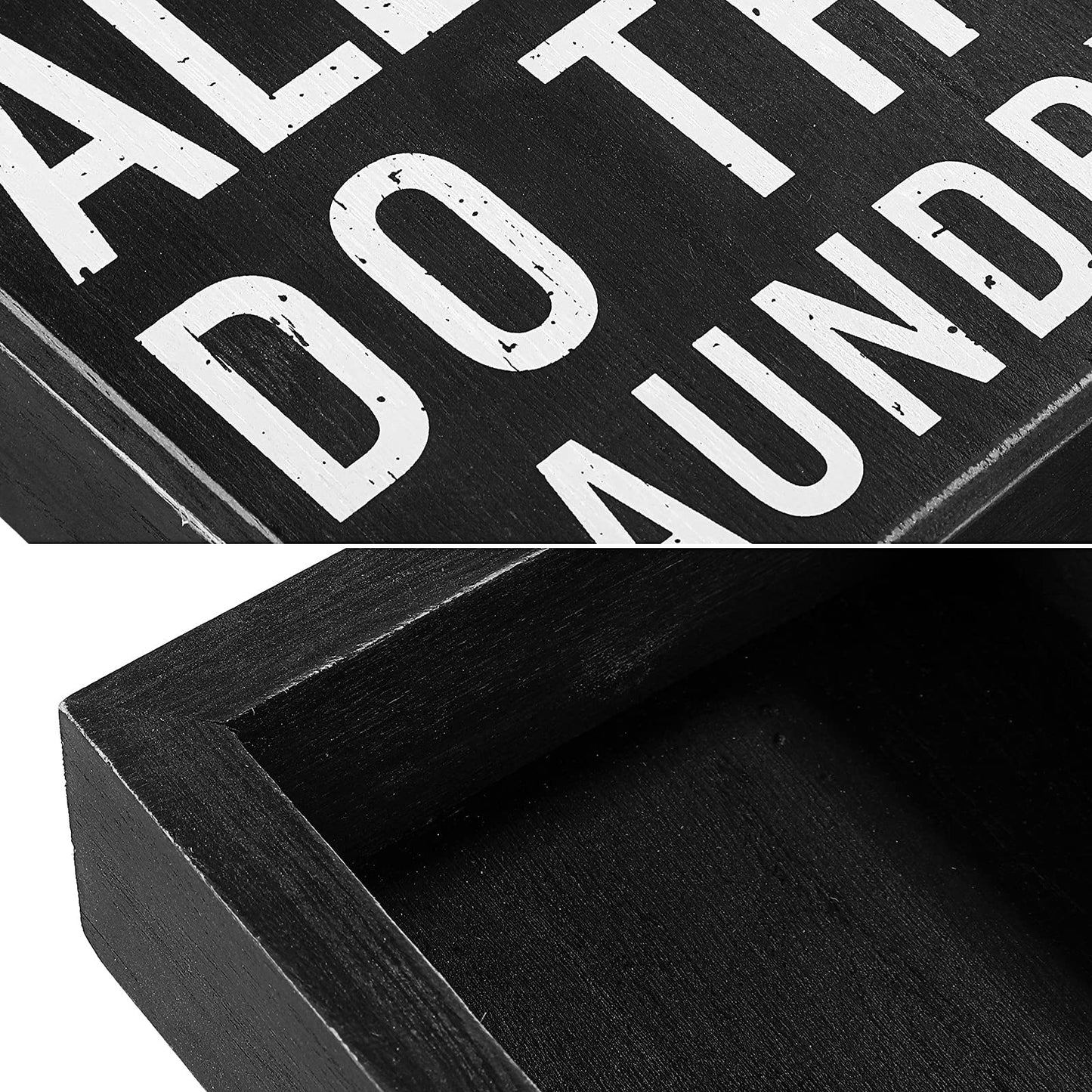 Classic Farmhouse Laundry Decor Funny Wooden Box Sign Rustic Laundry Black White Decorative Box Sign Plaque for Home Bathroom Shelf Decoration(Black Background)