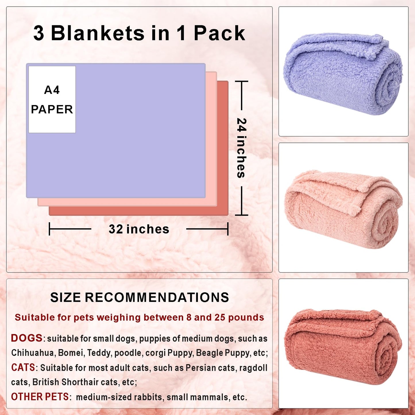 3 Blankets, Dog Cat Pet Blanket, Soft Warm Fleece, for Puppy, Small Dogs or Kitten, Cats, Plush Fuzzy Blanket for Bed, Sofa, Travel (32" x 24", 3/Pack, Lavender+Pink+Dark Pink)