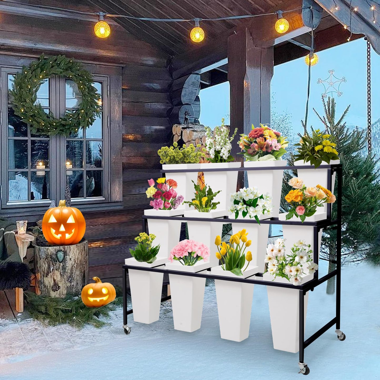 Flower Display Stands with Buckets, 3-Tier Rolling Plant Stand with Locking Wheels - Heavy Duty Metal Flower Cart for Indoor/Outdoor Use, Wedding Decor & Florist Displays (Holds 12 Pots) (Gold)