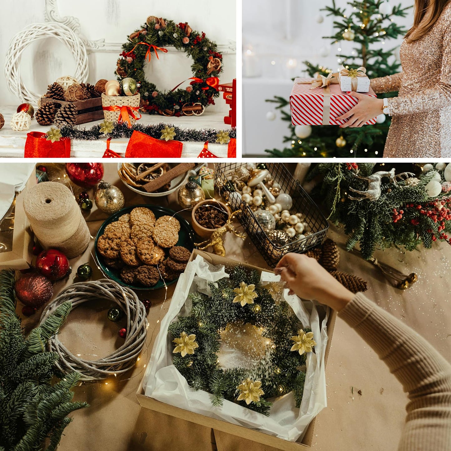 yuagolle Christmas Artificial Poinsettia Flowers: 12pcs Gold Poinsettia with Clips Silk Glitter Picks Fake Floral, for Decorations, Xmas Tree Decor, Wreath Garland Bulk, Wedding, New Year Ornaments