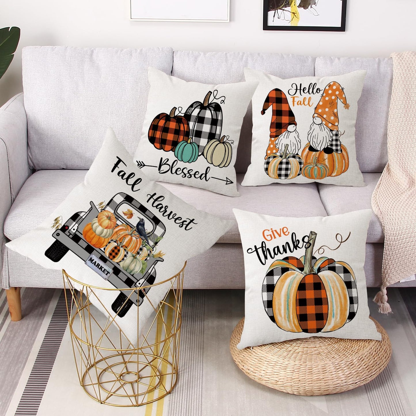 Gujiahone Fall Decor Pillow Covers 18x18 Inch Set of 4 Buffalo Check Plaid Pumpkins Gnomes Truck Hello Fall Farmhouse Decorative Thanksgiving Home Autumn Cushion Covers for Couch