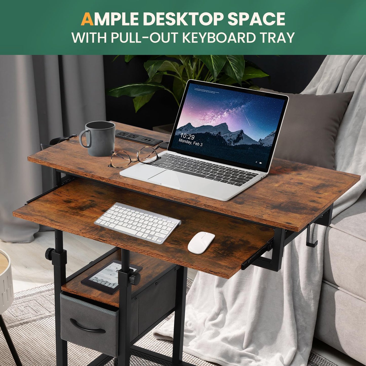 FAHKNS C Desk on Wheels, Height Adjustable Overbed Desk with Charging Station, Couch with Cup Holder, Hook, Drawers, C Shaped End Table for Couch, Over Bed, Living Room