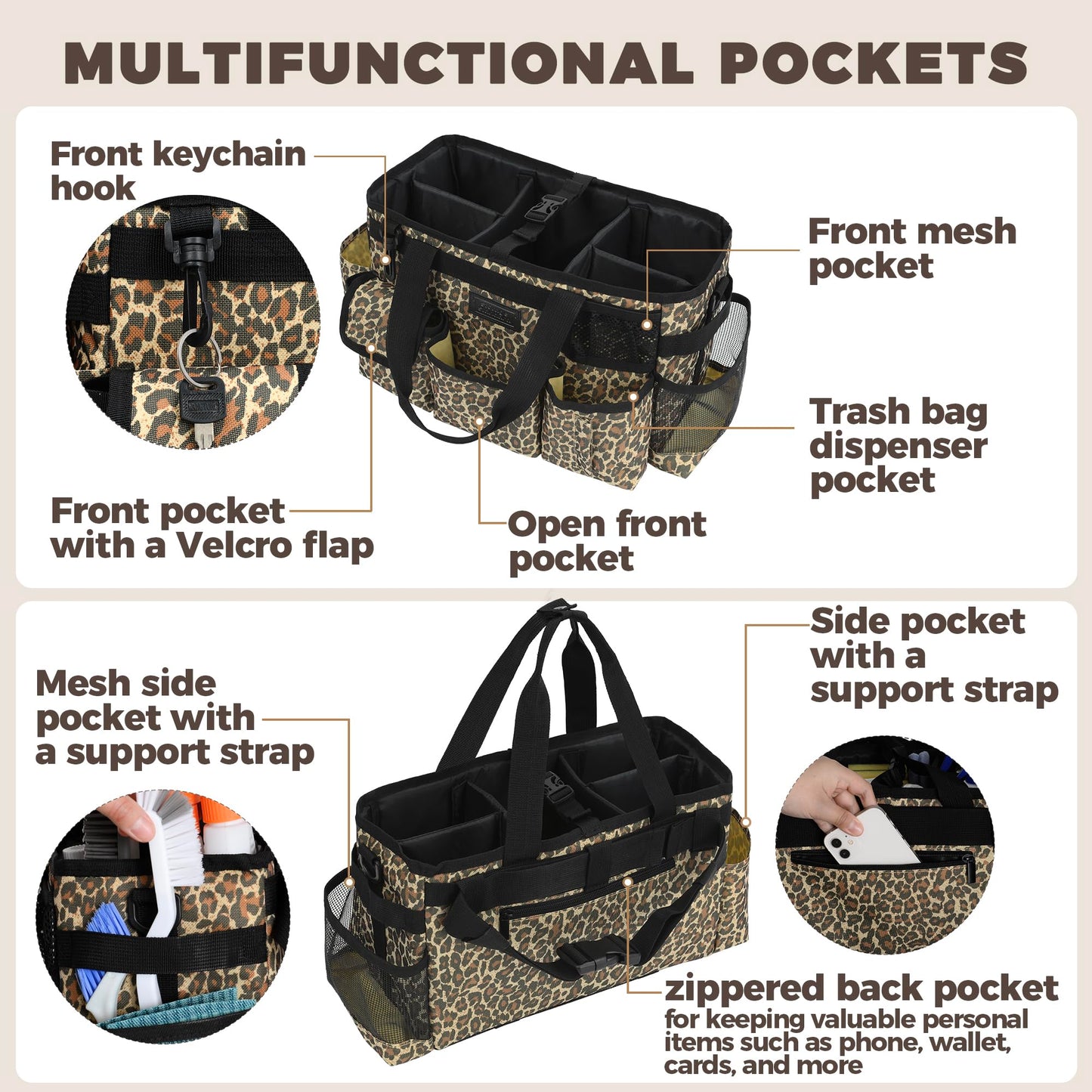 Storage Standard Cleaning Caddy Organizer with Handle - Small Cleaning Caddy Supplies Bag with Shoulder & Waist Strap - Cleaning Supplies Organizer with Cleaning Cloth - Leopard