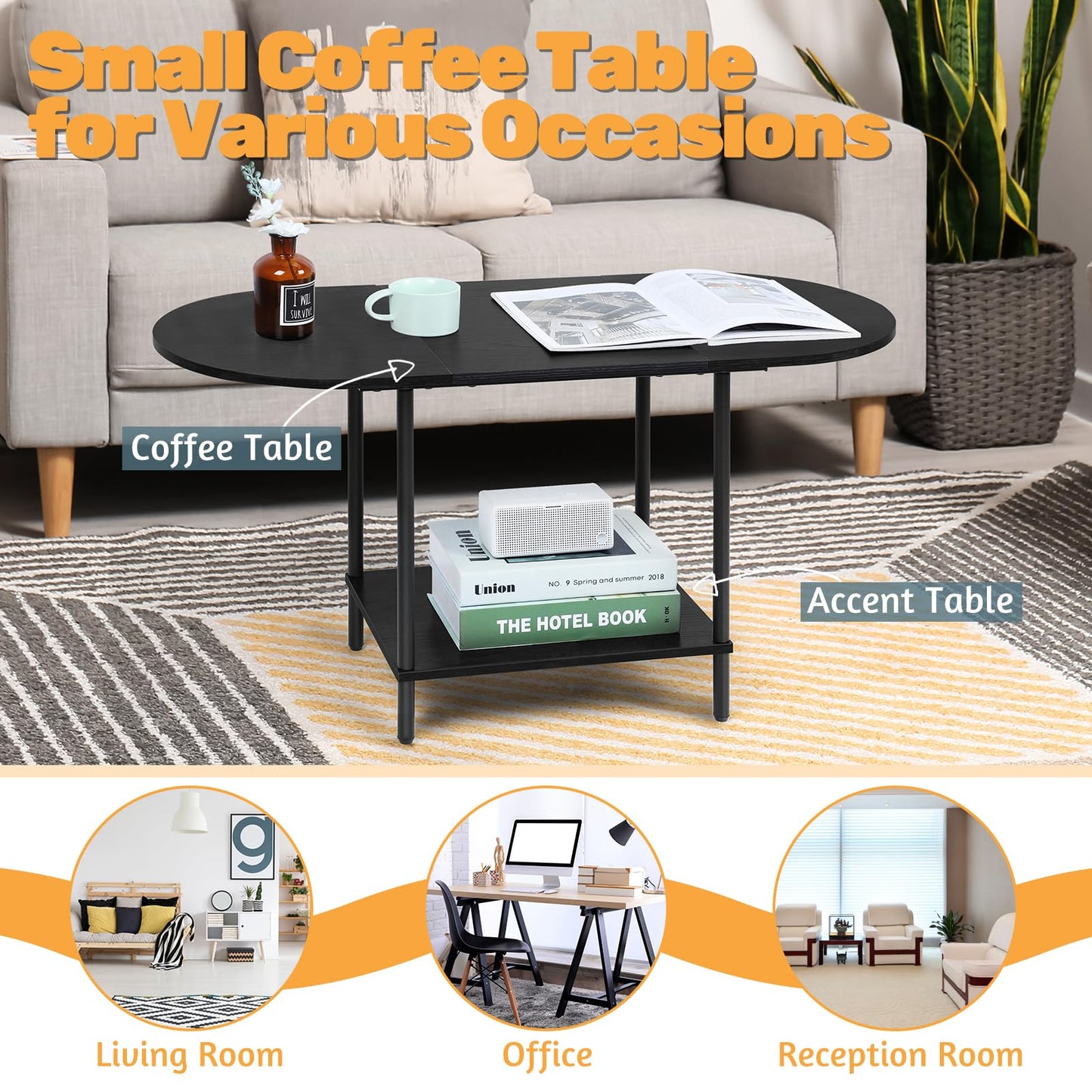 Coffee Tables for Living Room,2-Tier Small Coffee Table Industrial Modern Black Coffee Table with Storage Shelf and Wood Tabletop for Small Space,Home Office
