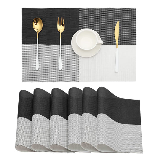HeloHo Placemats Set of 6 Black and White Placemats Heat-Resistant Washable Vinyl Woven Table Mats Wipeable Placemat for Kitchen Dining Table Decoration Indoor Outdoor