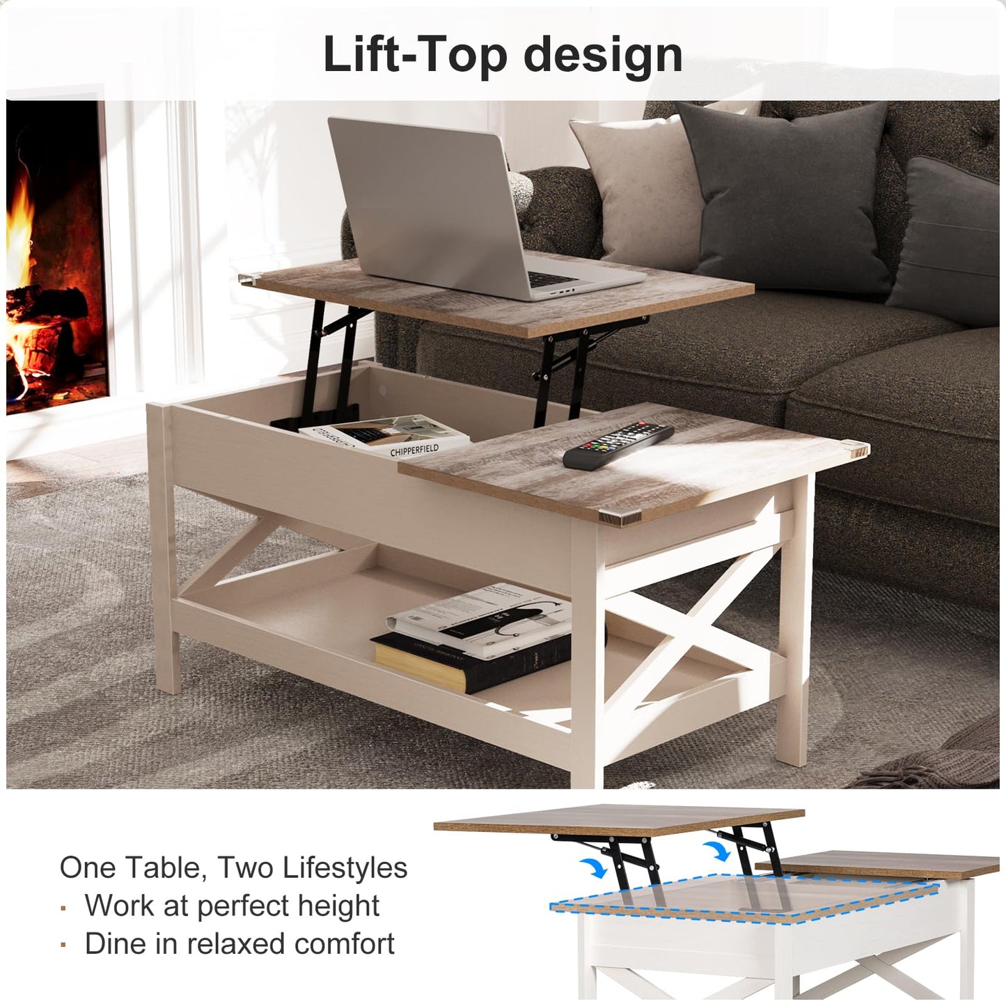 Vendricasa Lift Top Coffee Table with Storage, 39" Wooden Table for Lifting Top with Hidden Compartment, X Design Coffee Table for Living & Office & Reception Rooms, Rustic Brown