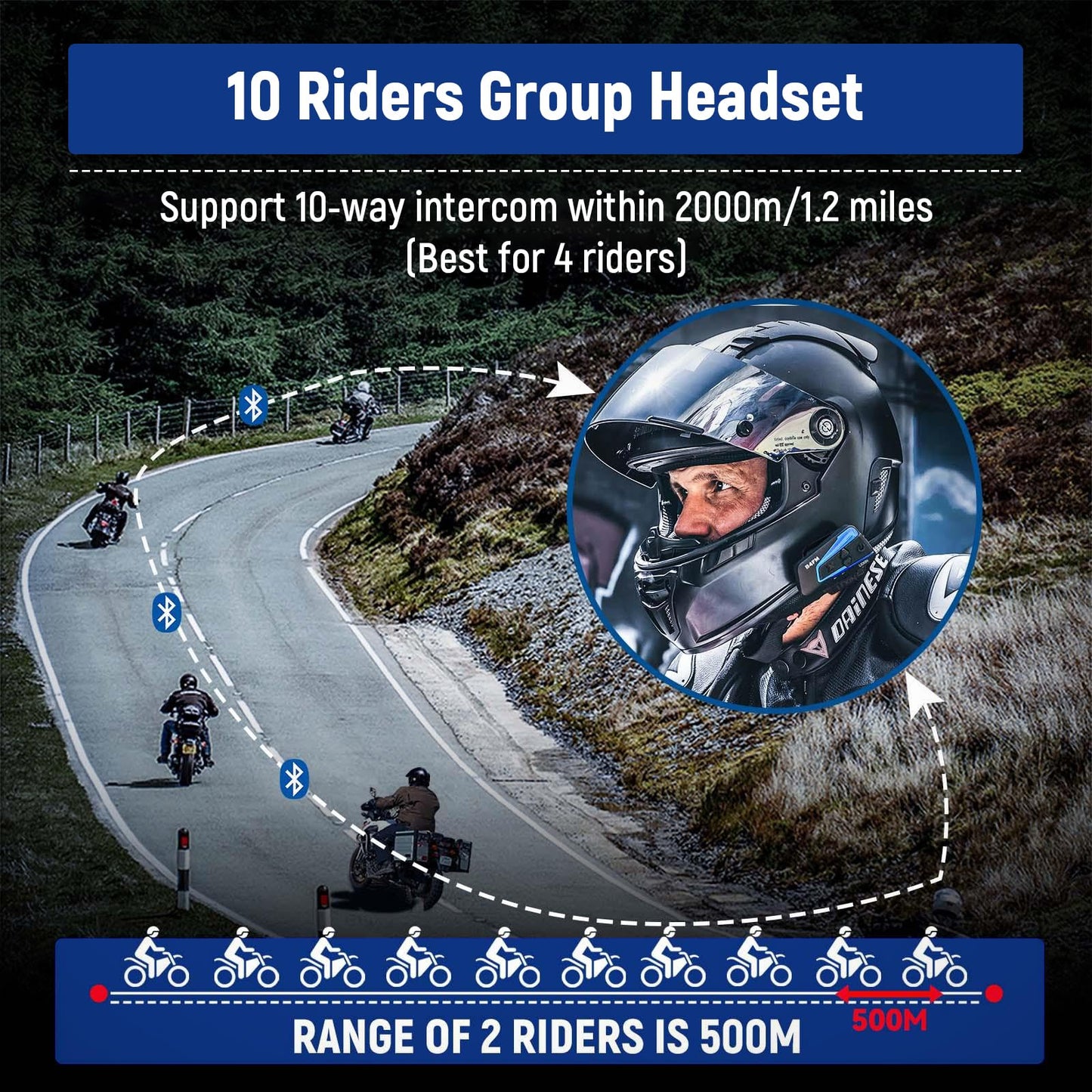 LEXIN B4FM Motorcycle Bluetooth Headset, 10 Riders Helmet Bluetooth Intercom, Universal IP67 Communication Systems with Music Sharing, Noise Cancellation, FM Radio, Fit for Snowmobile, 1 Pack