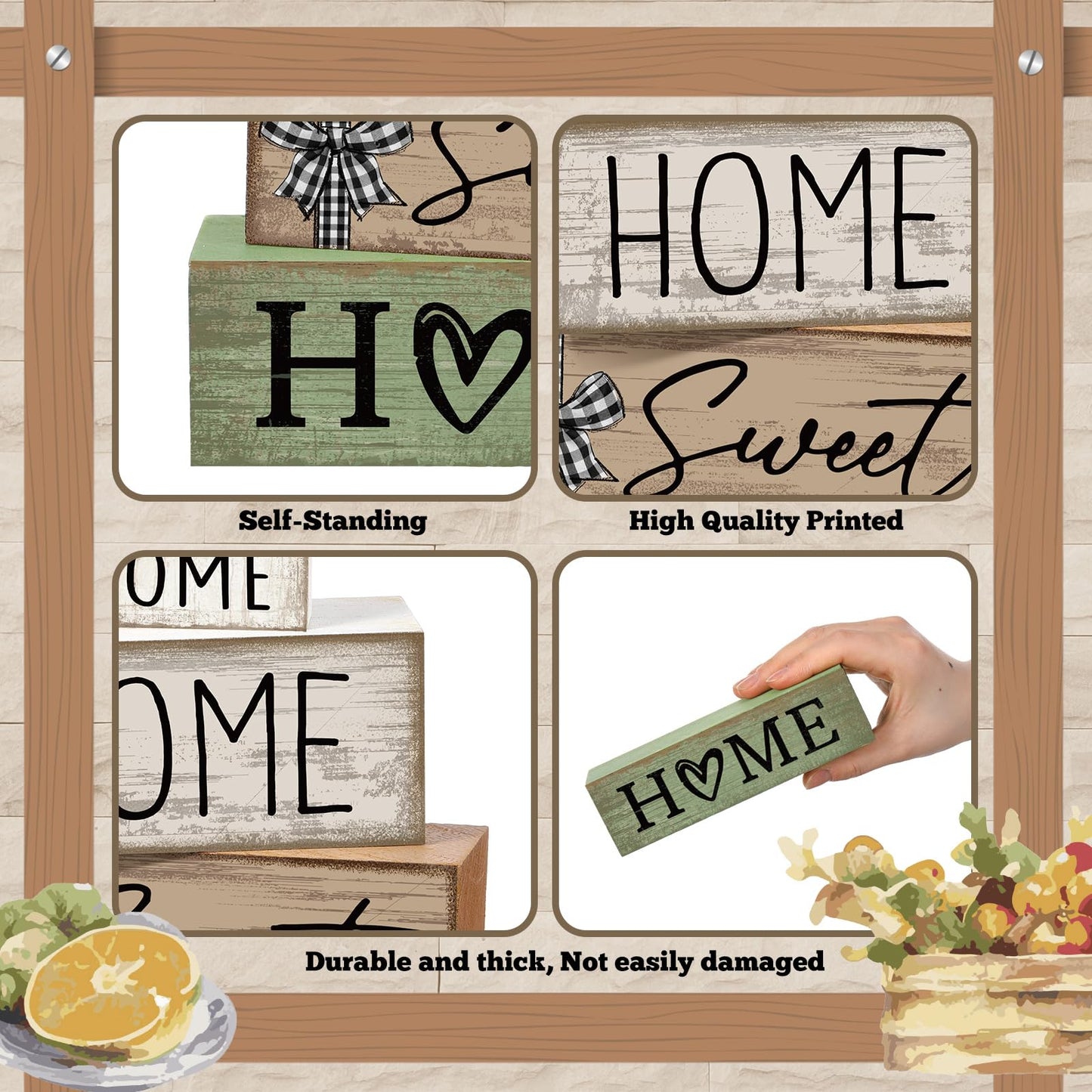 Moucuny 4 Pcs Wooden Farmhouse Tabletop Decor Rustic Home Tiered Tray Decor Decorative Highland CowEucalyptus Block Signs Gift Farmhouse Table Decoration for Kitchen Shelf(Home)