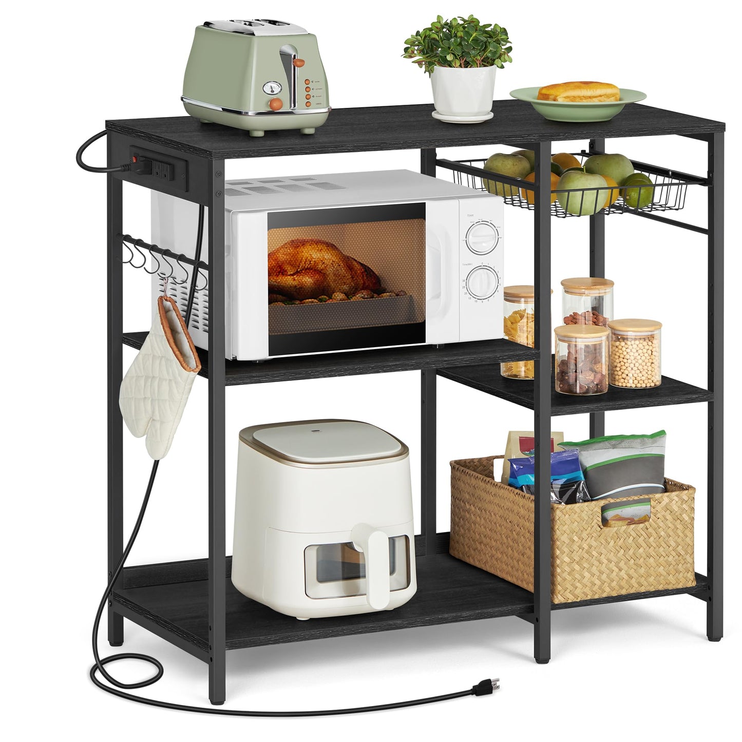 VASAGLE Baker's Rack, Coffee Bar Stand with Charging Station, Storage Shelves, Pull-Out Wire Basket, Table for Microwave, Kitchen, Charcoal Gray UKKS036B22, 15.7 x 35.4 x 35.6 Inches