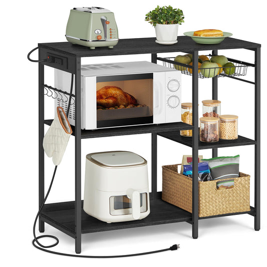 VASAGLE Baker's Rack, Coffee Bar Stand with Charging Station, Storage Shelves, Pull-Out Wire Basket, Table for Microwave, Kitchen, Charcoal Gray UKKS036B22, 15.7 x 35.4 x 35.6 Inches