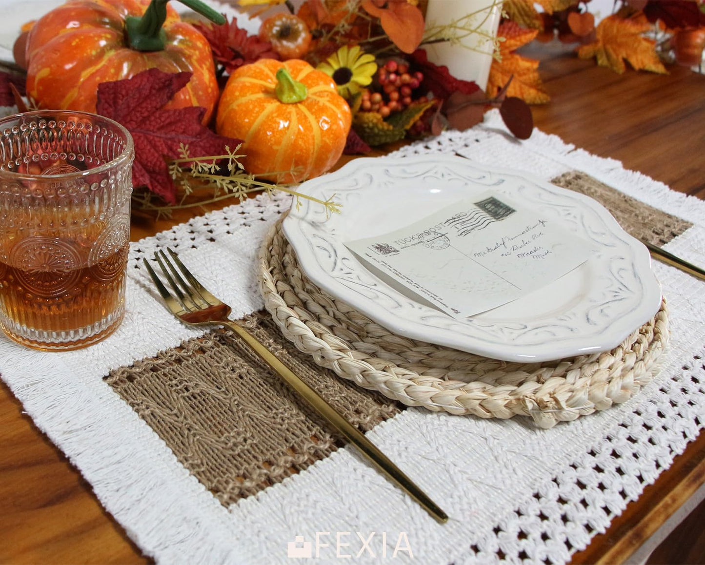 FEXIA Boho Placemats Set of 4, Macrame Table Decor Farmhouse Style Placemats in Natural Cotton Burlap, for Kitchen and Dining Table Centerpiece Home Decorations