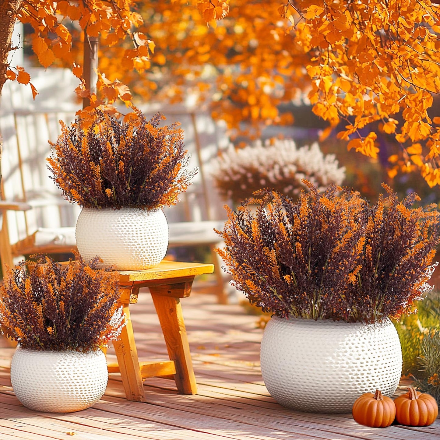 TURNMEON 10 Bundles Artificial Fall Flowers for Outdoors Fall Decorations, UV Resistant Artificial Lavender Plastic Flowers Faux Fall Plants Fake Mums Autumn Thanksgiving Decor Porch Home Gardens