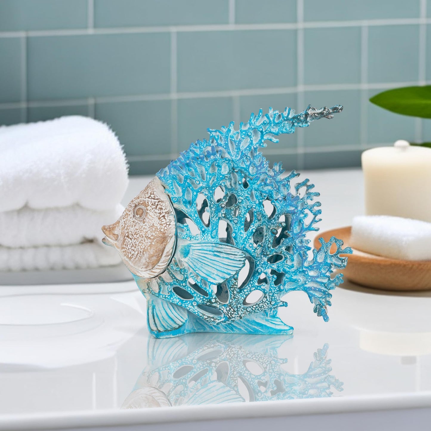 VVGIFTS Beach Coastal Decor Coral Reef Angelfish Home Office Desk Decor Sculpture Statue for Tabletop Shelf Bathroom Decoration Ornament Gift (Turquoise and Blue)