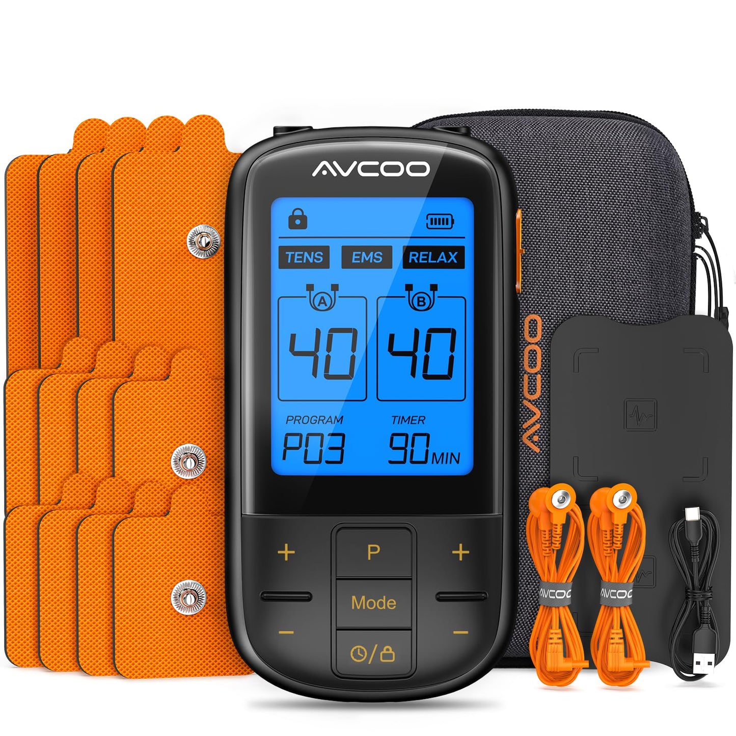 AVCOO 3-in-1 TENS Unit with 32 Modes, Dual Channel EMS Muscle Stimulator with 40 Intensities for Gradual Pain Relief Therapy, Rechargeable Electronic Pulse Massager with 12 Electrode Pads, EVA Case