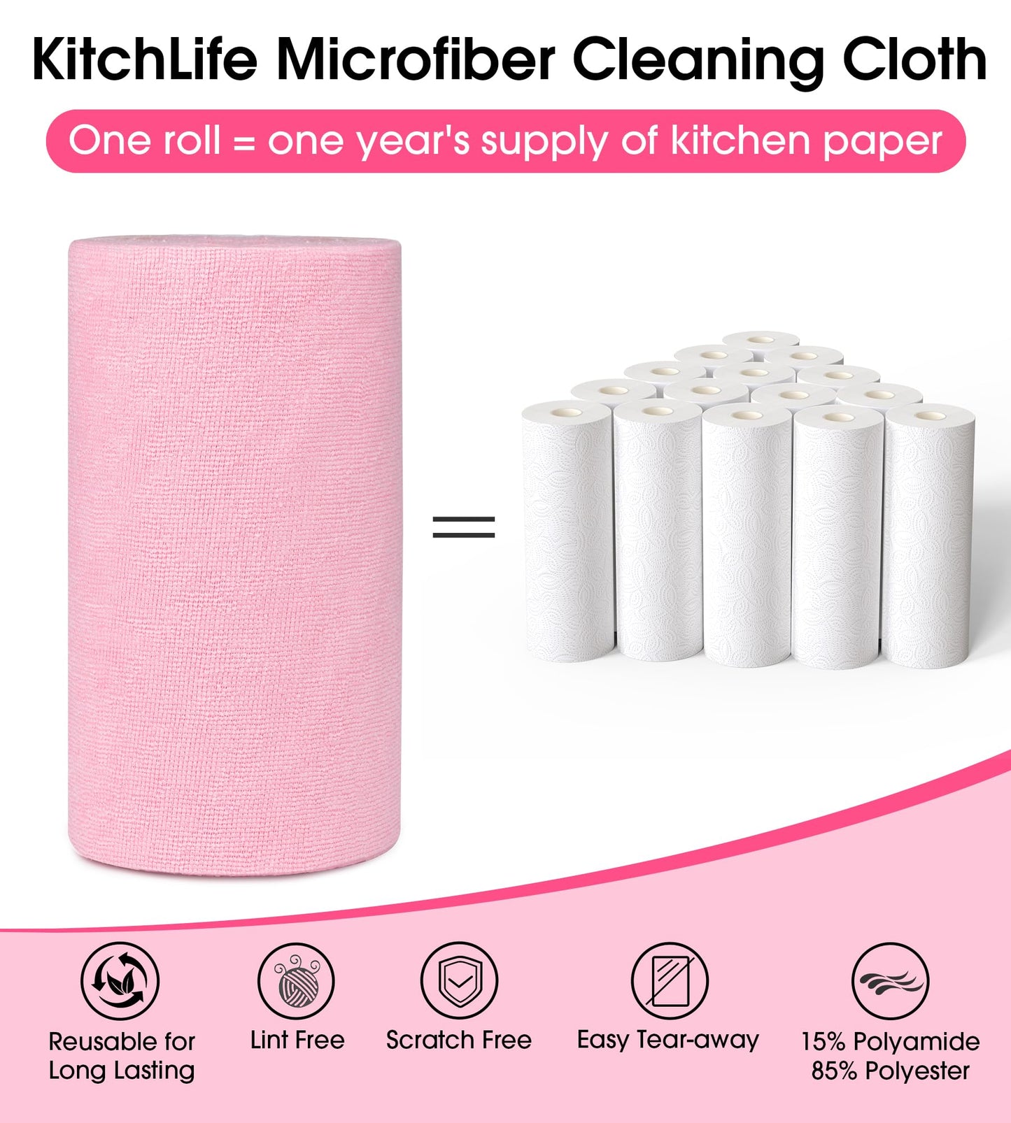 KitchLife Microfiber Cleaning Cloth Roll, 100 Pack - Tear-Away Towels, Lint-Free, Reusable, Washable for Kitchen, Car, Dishes, and Sensitive Surfaces (Pink)