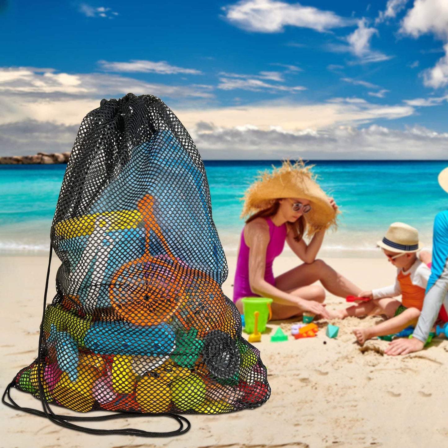 3 Pack Mesh Gear Bag Oversized 19" x 27" For Snorkel Scuba Swim Dive Gear Oversized Drawstring Net Bag for Sports Equipment, Gym, Beach, Pools Toys, Balls, Laundry, Scalloping Collect, Black & Blue