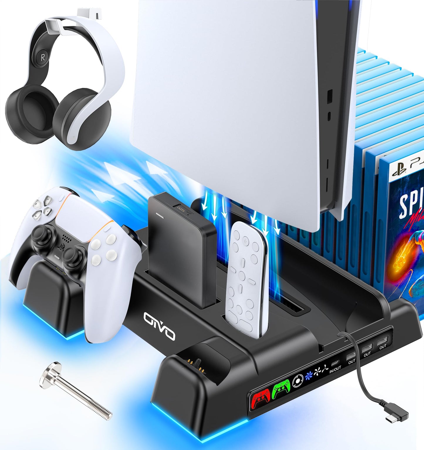 PS5/Slim/Pro Stand and Cooling Station with LED Controller Charging Station for PlayStation 5 Console, Controller Charger, Cooling Stand, PS5/Slim/Pro Accessories Kit with 3 Level Cooler Fan