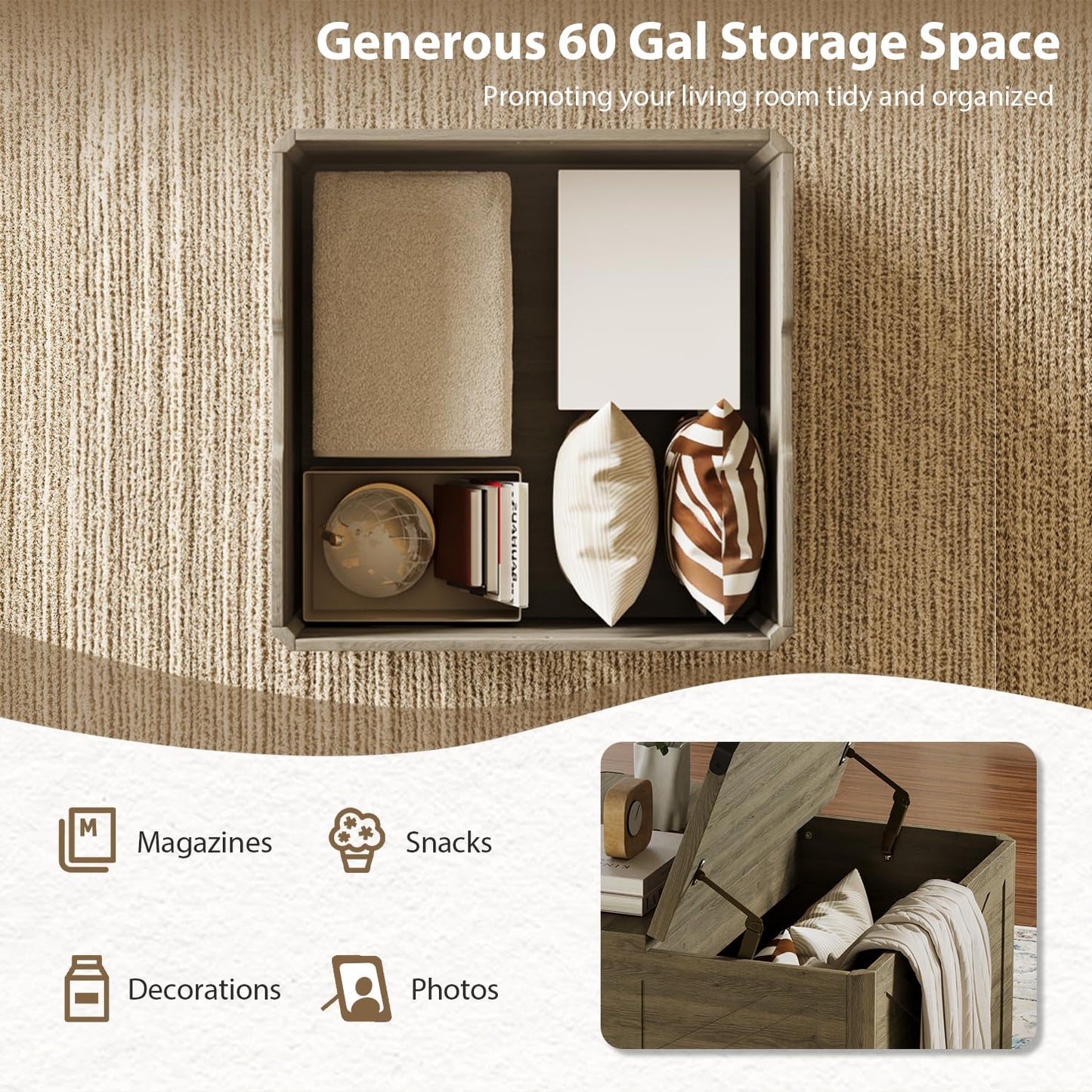 HOPUBUY Farmhouse Coffee Table with Hidden Storage - Rustic Wood Center Table for Living Room, Metal Corner Reinforcement, Square Design with Flip-Top Compartment, Brown