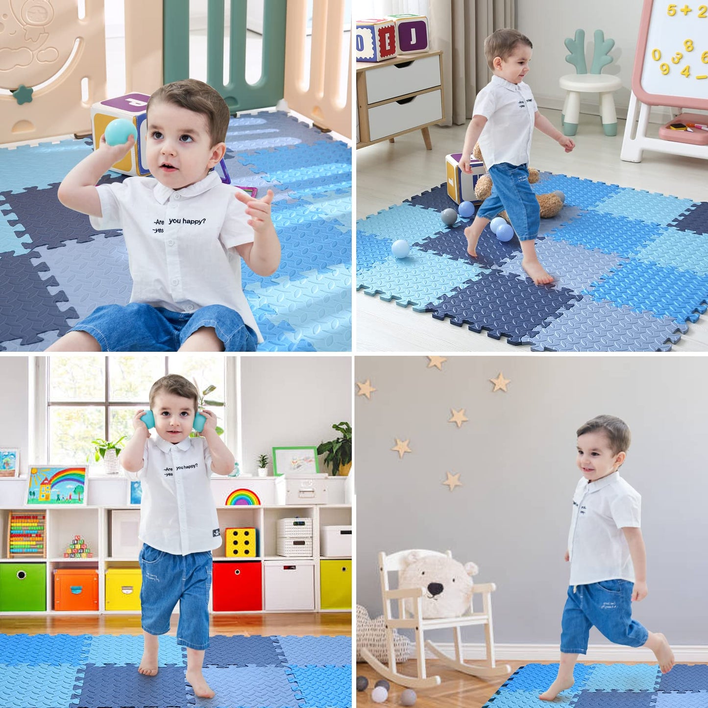 Tamiplay 16 Tiles Foam Play Mat for Baby, Soft & Safe EVA Foam Mats for Floor, Square Baby Play Mat, Kids Foam Puzzle Floor Mat, 47x47 Play Mat for Playpen(Dark Blue/Gray Blue/Light Blue/Blue)