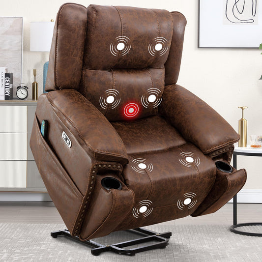 Phoenix Home Dual Motor Power Lift Chair for Elderly, Lift Chairs with Massage and Heat, Faux Leather Electric Chairs for Adults, Recliner Chair with USB, 2 Concealed Cup Holderss, Chestnut Brown