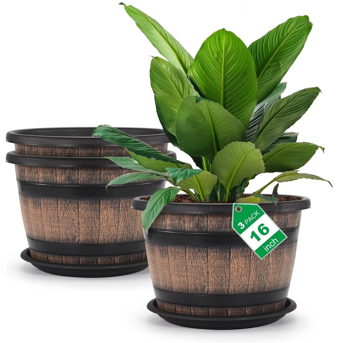 Quarut Large Plastic 3 Pack16 inch Plant Pots,Whiskey Barrel Planters with Drainage Holes & Saucer.Flower Pots Imitation Wine Barrel Design for Indoor & Outdoor Garden Balcony Plants.7 Gallons(Brown)