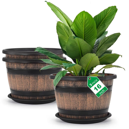 Quarut Large Plastic 3 Pack16 inch Plant Pots,Whiskey Barrel Planters with Drainage Holes & Saucer.Flower Pots Imitation Wine Barrel Design for Indoor & Outdoor Garden Balcony Plants.7 Gallons(Brown)