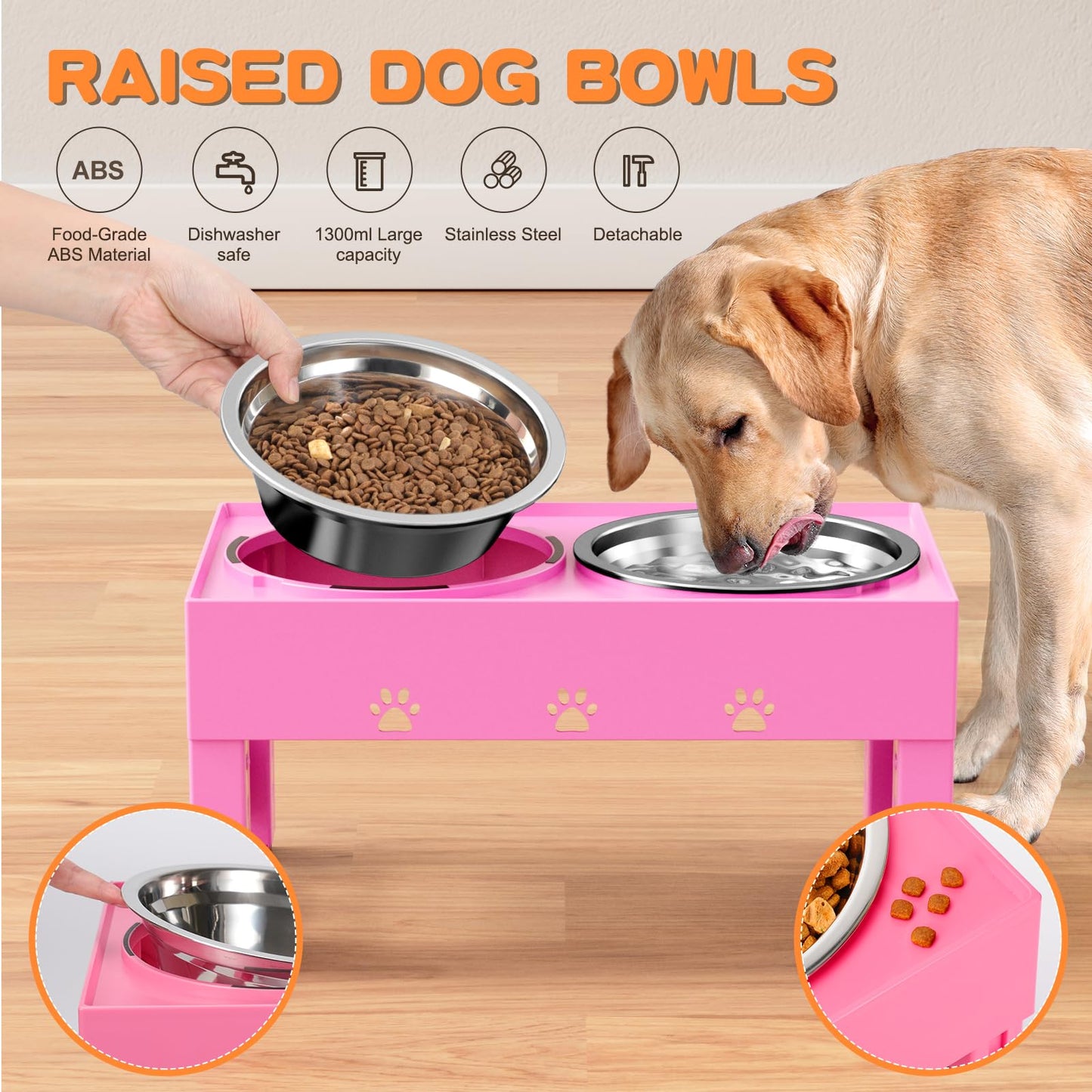LAKIPETN Elevated Dog Bowls with 2 Stainless Steel Bowls, Raised Dog Food Bowl Stand 5 Height Adjustable (3.1", 9", 10", 11", 12") Non-Slip Feeder Set for Medium and Large Dogs - Pink