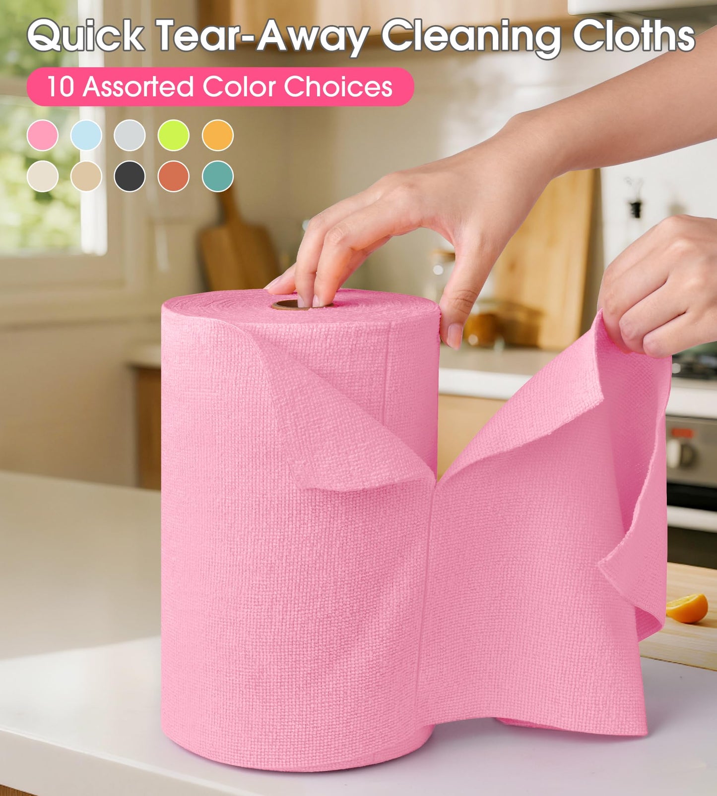 KitchLife Microfiber Cleaning Cloth Roll, 100 Pack - Tear-Away Towels, Lint-Free, Reusable, Washable for Kitchen, Car, Dishes, and Sensitive Surfaces (Pink)