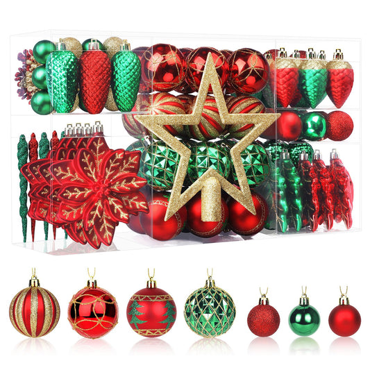 SHareconn 106PCS Christmas Balls Ornaments Set, Colorful Shatterproof Plastic Decorative Baubles for Xmas Tree Decor Holiday Wedding Party Decoration with Hanging Hooks, Red Green Gold