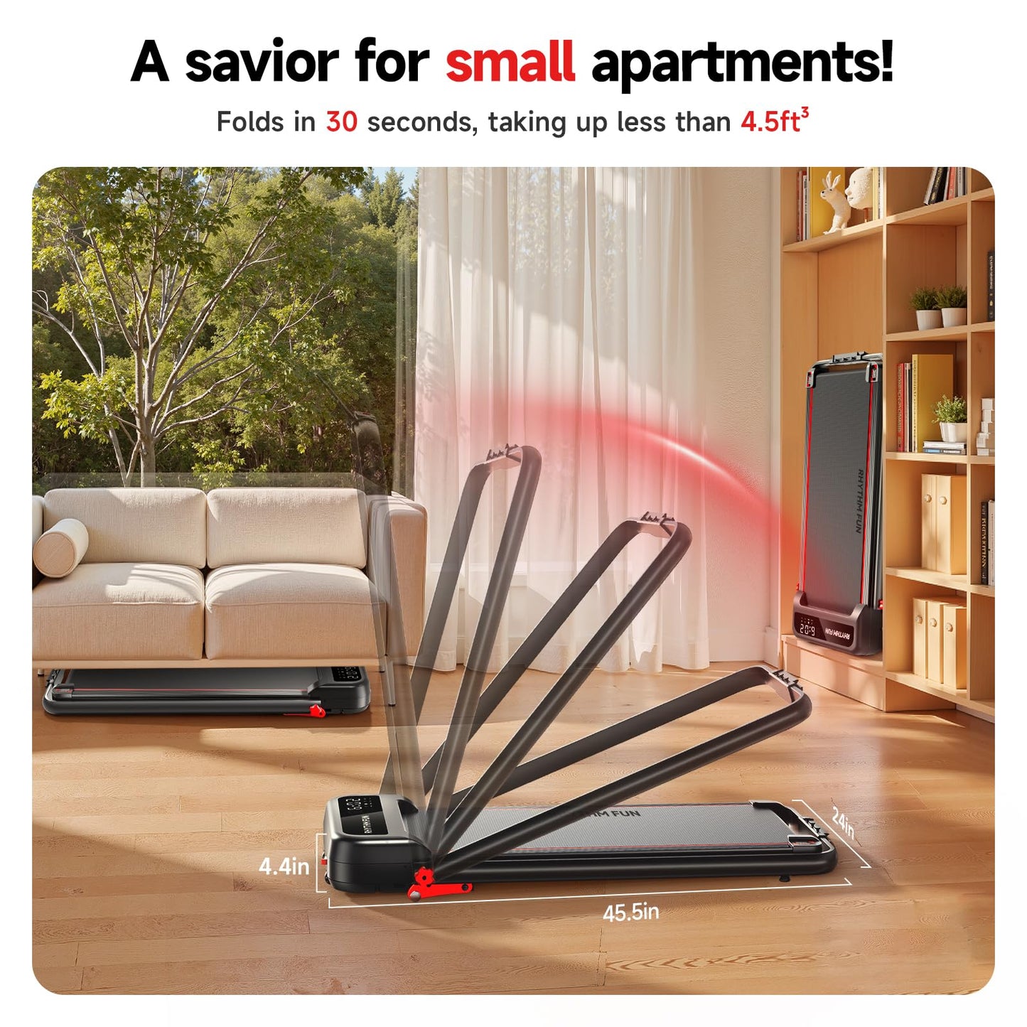 RHYTHM FUN Incline Foldable Treadmill, Walking Pad Treadmill with Incline, 300 lbs Portable Treadmills with Handles for Home Office Use, Under Desk Compact Walking pad with LED Display & APP