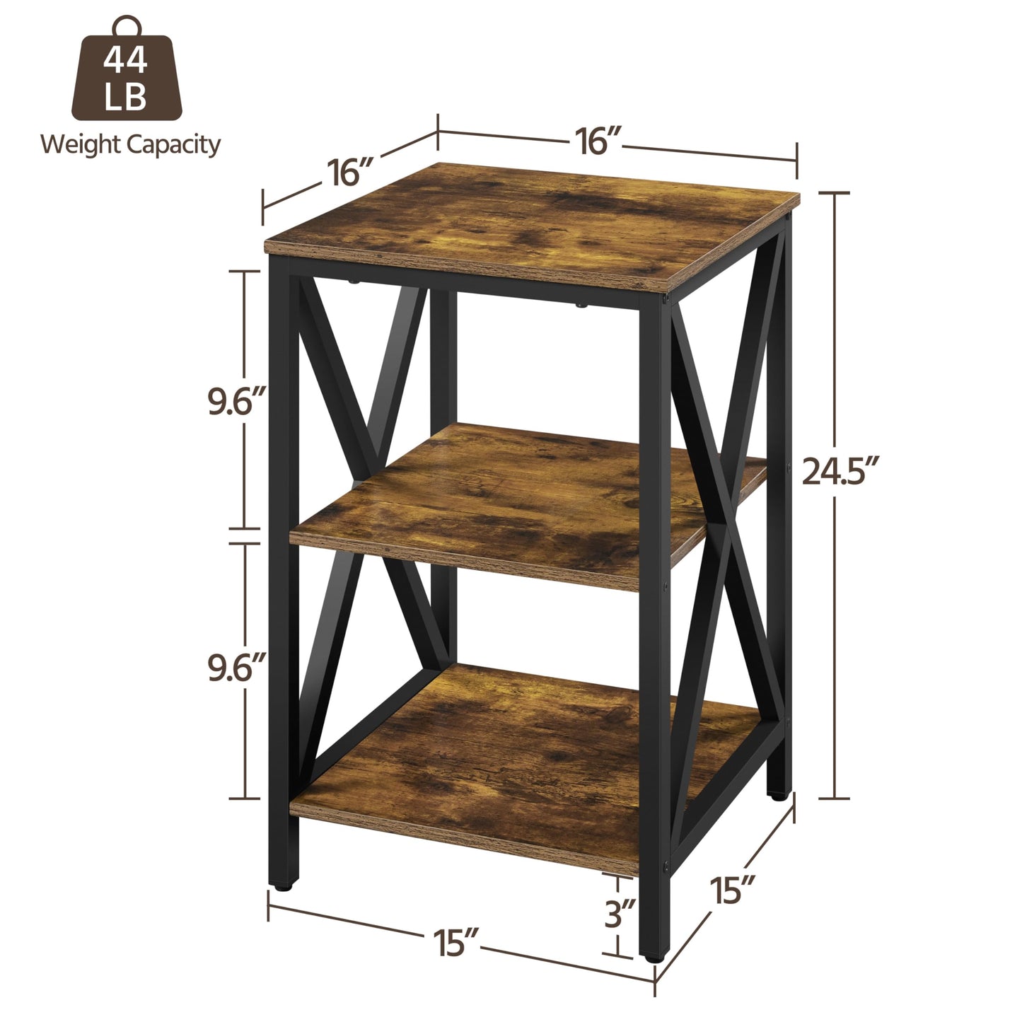 Yaheetech Industrial End Tables Set of 2, 3-Tier Side Tables with Storage Shelves for Living Room, X Design, Strong Metal Frame, Easy Assembly, 16x16x24.5 in, Rustic Brown