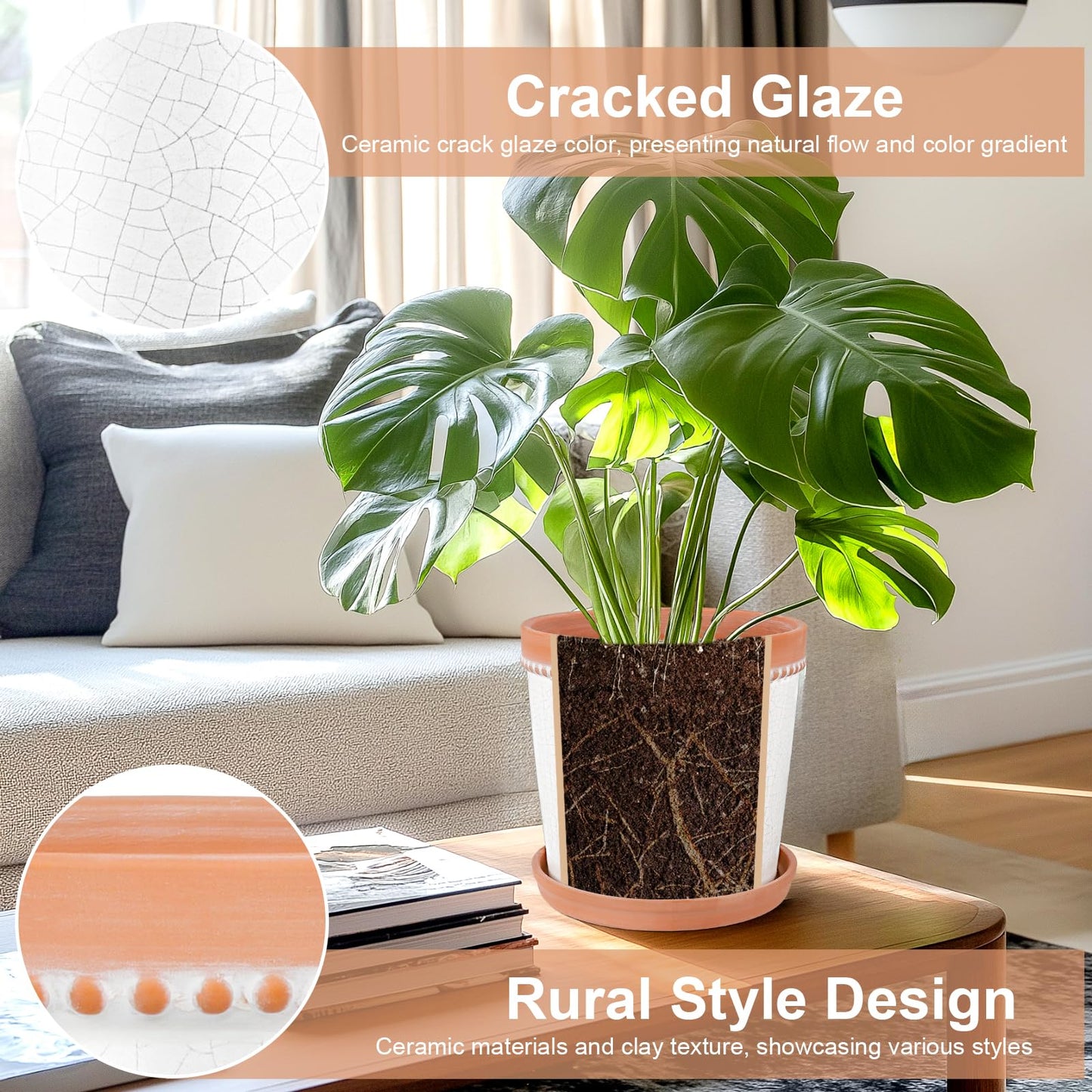 KERUITA 8 Inch Ceramic Plant Pot with Drainage and Saucer – Crackle Glaze White, Large House Plant Pot, Planters for Indoor Plants, Pots for Indoor Plants, Decorative Ceramic Pot for Home & Office