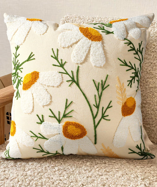 Kokaaee Embroidered Throw Pillow Cover - 18x18 Decorative Pillow Covers with Zipper for Couch Sofa Bedroom Aesthetic White Daisy Soft Cozy Cotton Pillowcase Covers with Patterned