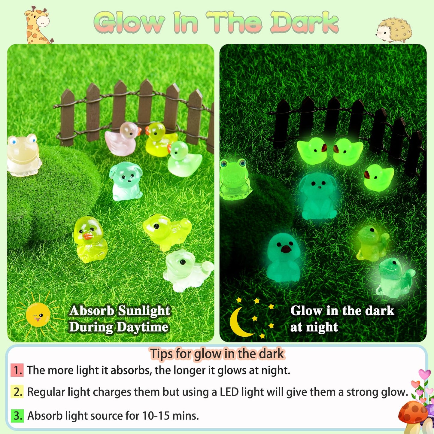 LOIKMIUP 100PCS Luminous Mini Animals Glow in The Dark, Tiny Animals Figures Resin Duck Frogs Mushroom 5 Combination Set for Prank Garden Micro Landscape Dollhouse Decor Craft