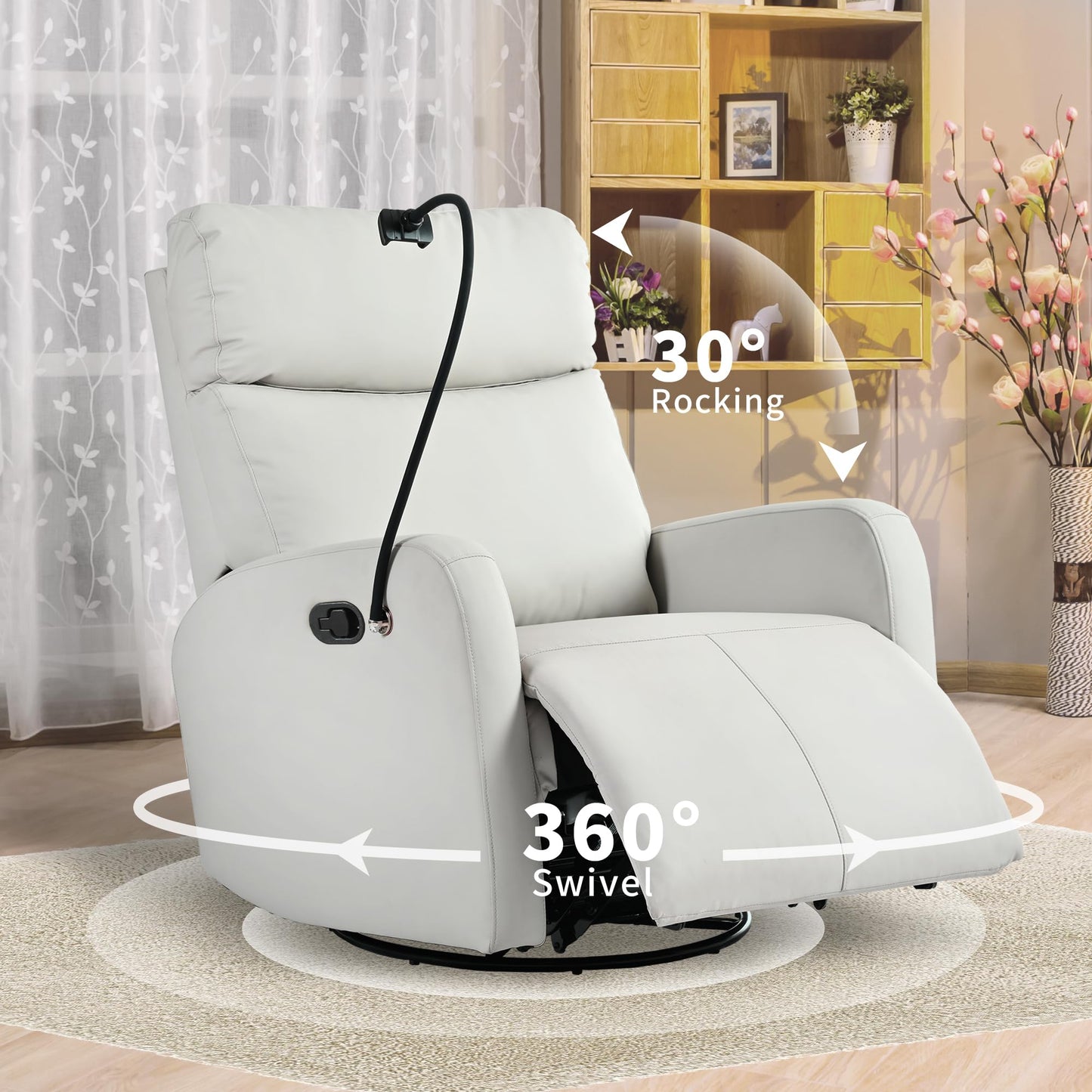 CHSICFOR Modern Recliner, Swivel Glider Chair, Nursery Reclining Sofa with Lumbar Support, Adult Soft Padded Faux Leather, 360 Free Rotation, Removable Phone Holder, Gray