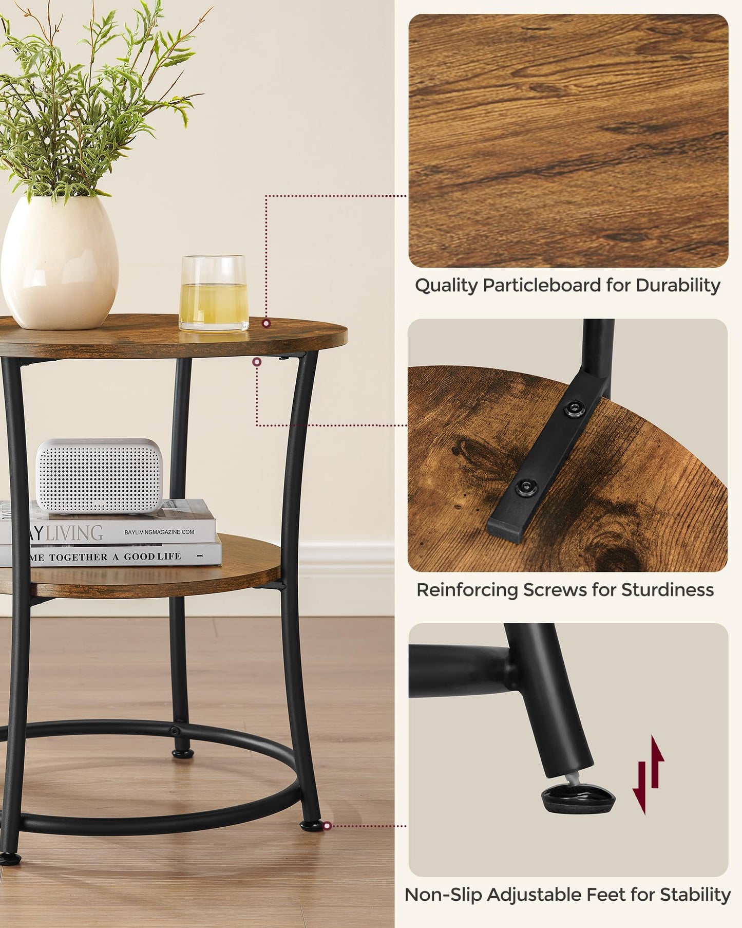 VASAGLE Side Table, 2-Tier Round End Table, Nightstand with Steel Frame for Small Spaces, Living Room, Bedroom, Rustic Brown and Ink Black